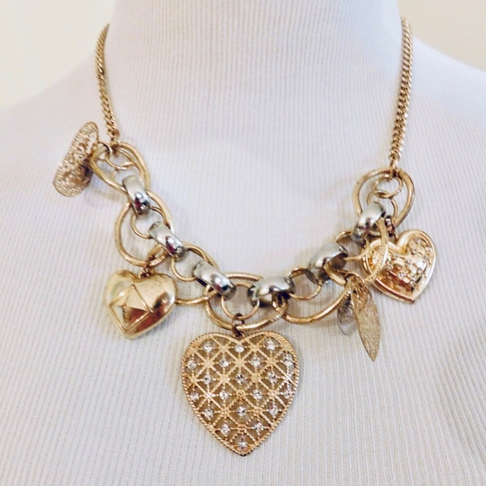 Women's Necklace with Gold tone & silver Hearts Pretty Statement Necklace Adj.